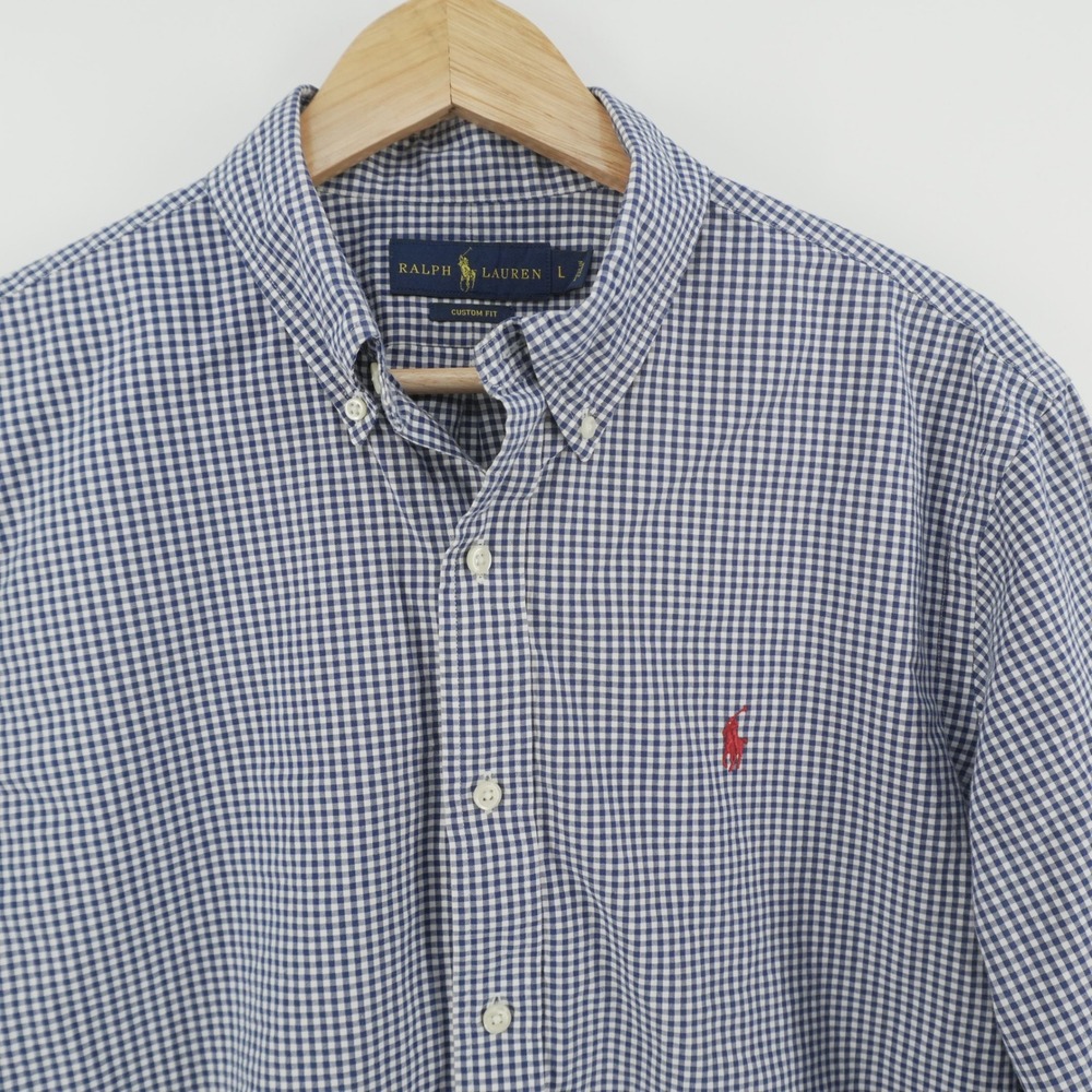 Ralph Lauren Button Down Shirt Mens L Blue Gingham Custom Fit Long Sleeve Pony